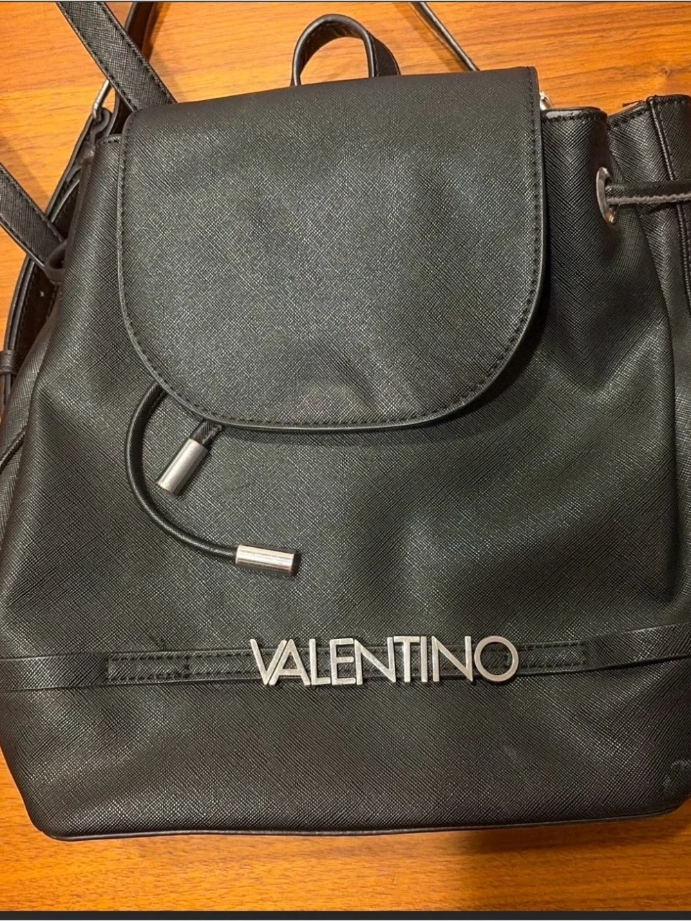 Valentino Black Drawstring Backpack with Silver Logo